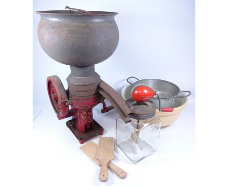 Vintage cast iron 'The New Lister' Cream separator, butter churn, large mixing bowl, butter pats and lister sieve.    Conditi