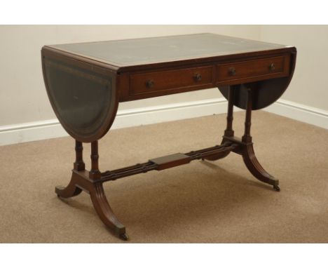 Reproduction Regency style mahogany drop leaf sofa table, two drawers, leather inset top, W101cm, H72cm, D62cm