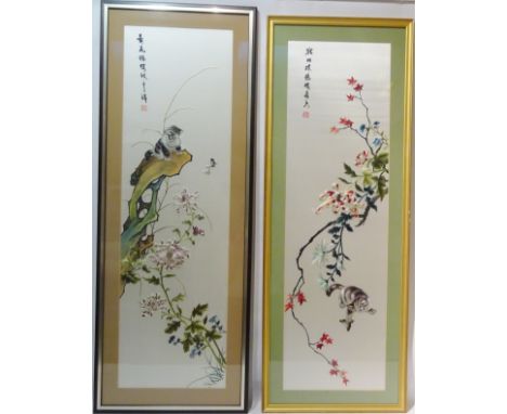Two Oriental silk panels depicting Kitten Playing with Butterflies on a Branch with character signatures 111cm x 32.5cm (2)  