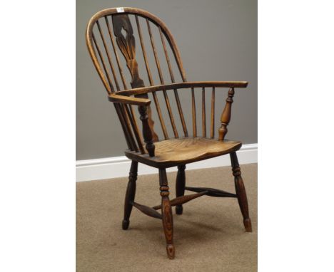 Early 19th century elm and ash Windsor armchair, double bow, stick and fret work splat back, turned supports connected by H-s