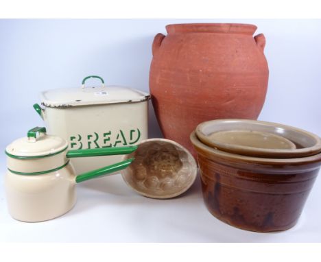 Vintage enamelled bread bin and similar 'Judge Ware' enamel double boiler, large terracotta bread crock and a 19th Century po