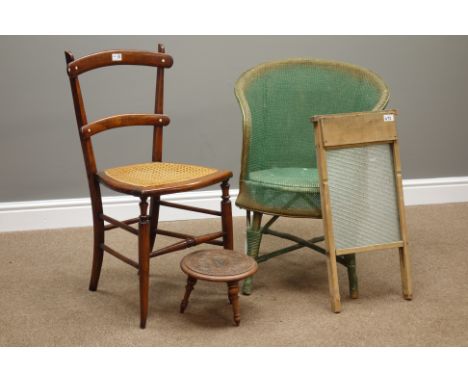 Early 20th century beech framed chair with cane seat, Lloyd Loom type bedroom chair, small stool with carved seat and a vinta