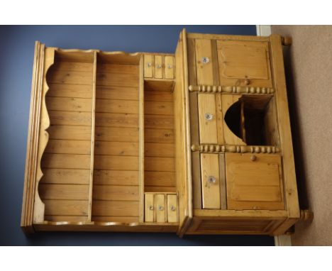 Victorian pine kitchen dresser, three drawers, two cupboards, raised two heights plate rack with spice drawers, W141cm, H190c