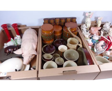 Pig sculptures, teapots, Hornsea storage jars and spice rack, stoneware and miscellanea in three boxes    Condition Report   