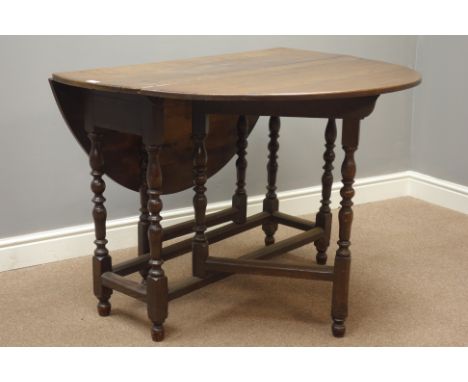 18th century oak drop leaf dining table, turned gate leg base, (H77cm, 108cm - 125cm open), and set five (4+1) Carolean style