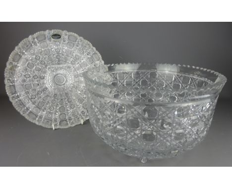 Large cut glass fruit bowl on three scroll feet and similar Bohemian dish (2)   Condition Report   Click here for further ima