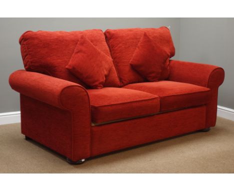 Two seat metal action sofa bed upholstered in red fabric, W190cm   Condition Report   Click here for further images, conditio