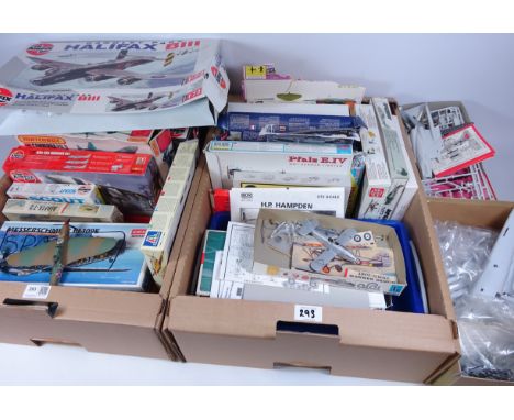 Aviation model kits, some made up, parts, accessories etc in two boxes   Condition Report  Appear to be mostly incomplete  Cl