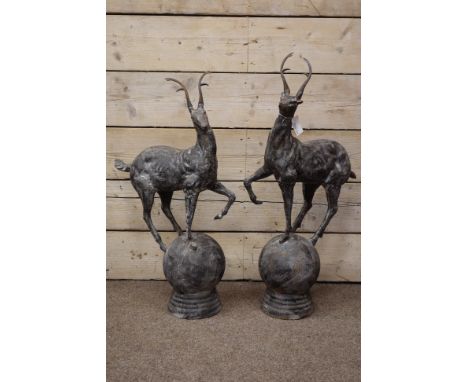 Pair cast metal garden stags on spherical mounts, figures/gate post finials, H91cm   Condition Report   Click here for furthe