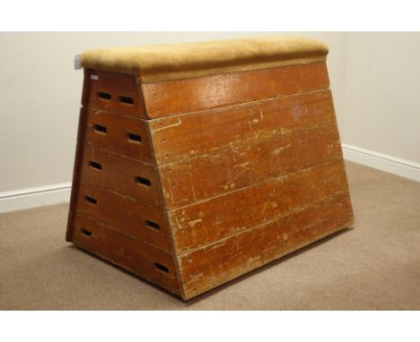 Vintage sectional gymnasium vaulting horse, cushioned leather top, 91cm x 130cm, H101cm