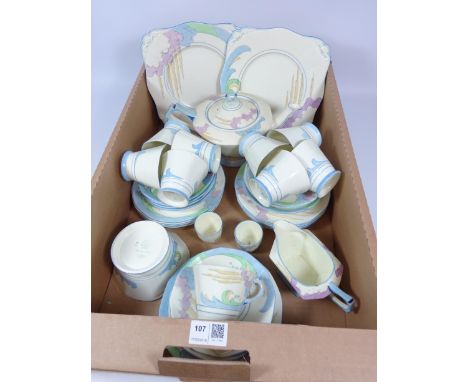 Tuscan Art Deco period tea service for nine, no. 780986 plus extras, retailed by J.H. Awmack, in one box   Condition Report  