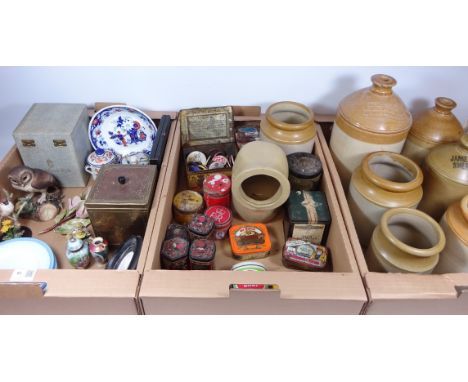 Early 20th Century brass tea caddy, Royal Crown Derby 'Owl', Quimper pottery, set of six Art Deco Shelley side plates, stonew