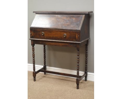 Early 20th century oak fall front bureau, single drawer, bobbin turned supports, W87cm, H102cm, D37cm   Condition Report   Cl