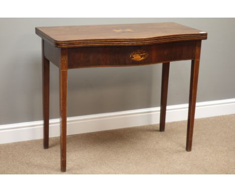 George III mahogany tea table, serpentine fold over top with inlaid edge, top with marquetry geometric swirl, frieze with can