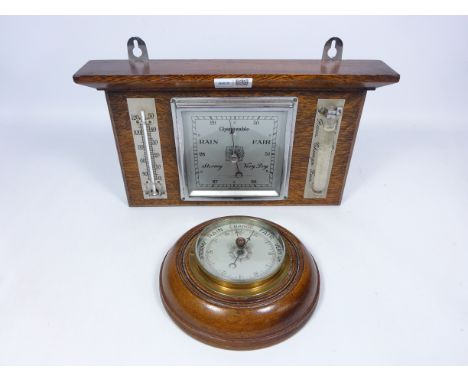 Art Deco period oak framed barometer and thermometer and another early 20th Century circular aneroid barometer (2)