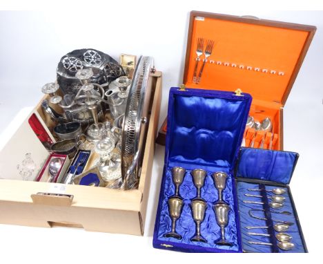 Picquot ware, silver-plated candleabra, silver-plated serving tray, part canteen of community plate, seafood fork with silver
