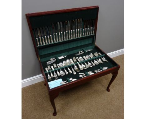 Mahogany and leather table canteen of K. Bright Sheffield silver-plated Kings pattern cutlery, for twelve persons, H48.5cm x 