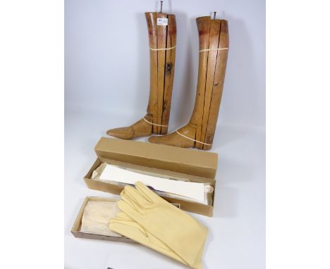 Pair of early 20th Century riding boot trees, two pairs of high quality suede riding gloves and a boxed set of vintage collar