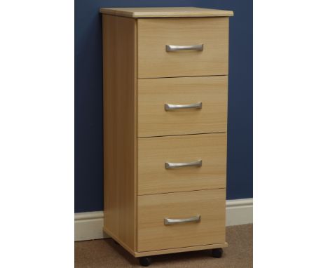Light wood finish four drawer pedestal chest, W42cm, H99cm, D43cm