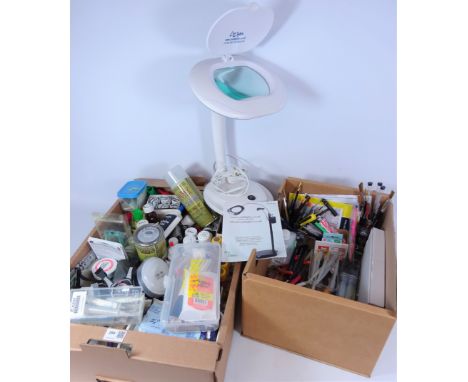 Model making desk magnifier lamp, respirator, other model making equipment, paints etc in two boxes  (This item is PAT tested