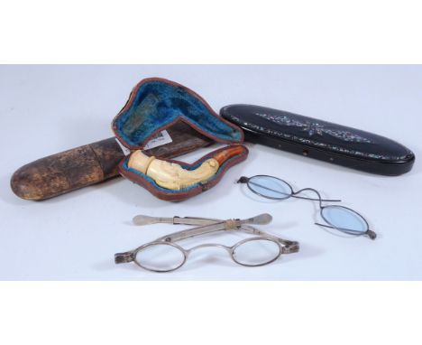 Pair of George IV silver framed spectacles by Thomas Millington, Birmingham, 1828 with treen case, pair of Victorian spectacl