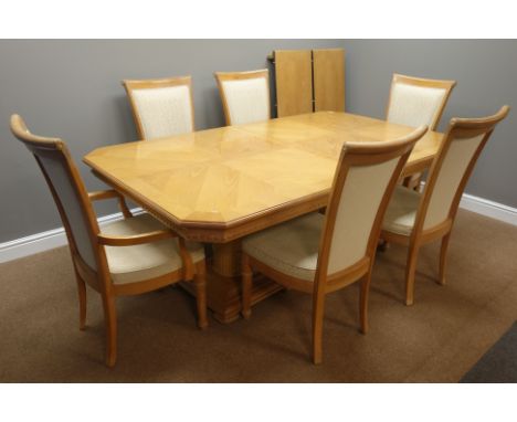 French style light limed oak extending dining table, rectangular top with canted corners (199cm x 118cm, H74cm), and set six 