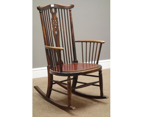 Early 20th century stained beech stick back rocking chair   Condition Report   Click here for further images, condition, auct