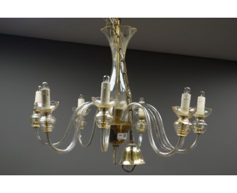 Mid 20th century eight branch gilt metal and glass chandelier, H60cm (excluding chain)   Condition Report   Click here for fu