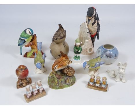 Goebel woodpecker, two Goebel blue tits, Coalport blue tit, Poole pottery bird, Beswick robin, Victorian Fairings, Royal Cope