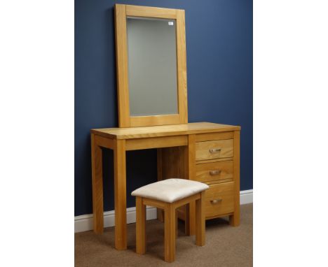 Light ash dressing table with three drawers, wall mirror and stool, W101cm, H76cm, D46cm   Condition Report   Click here for 