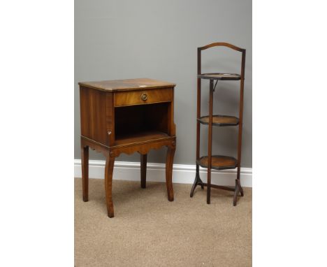 Reproduction mahogany lamp table with drawer (W45cm, H68cm, D32cm), and a three tier cake stand   Condition Report   Click he