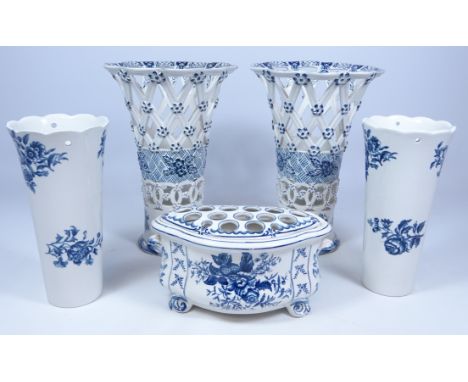 Pair of Worcester style latticework posy vases, similar style bough pot and pair of blue and white vases (5) Condition Report