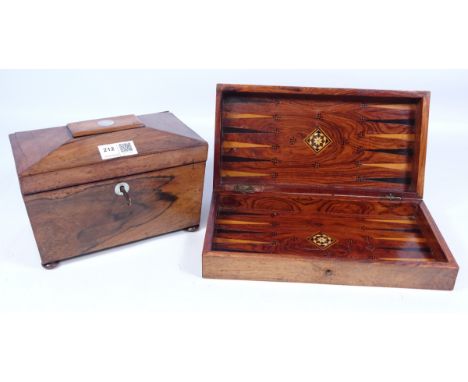 Victorian rosewood tea caddy, W20cm and a hard wood inlaid backgammon and chess board box (2)   Condition Report   Click here