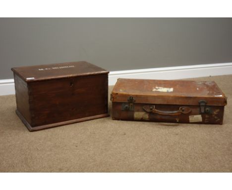 Victorian stained pine tool box with 'M. G. Murray' inscribed (W51cm), and a vintage leather suitcase   Condition Report   Cl