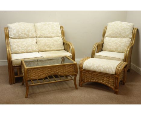 Two seat bamboo and rattan conservatory sofa (W123cm), matching armchair (W69cm), footstool and coffee table, upholstered loo