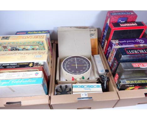 Board games, Jigsaws, projector slides - unused, vintage Junghans industrial timers, microscope and miscellanea in four boxes
