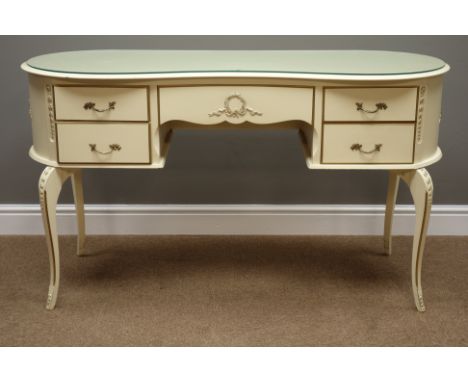 Vintage cream and gilt kidney shaped dressing table five drawers, W132cm, H74cm, D51cm   Condition Report   Click here for fu