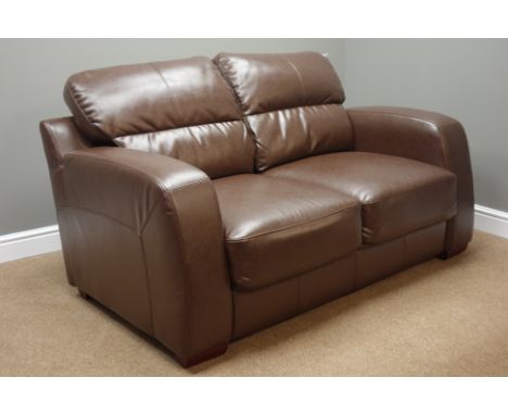 Two seat sofa upholstered in brown leather, W155cm   Condition Report   Click here for further images, condition, auction tim