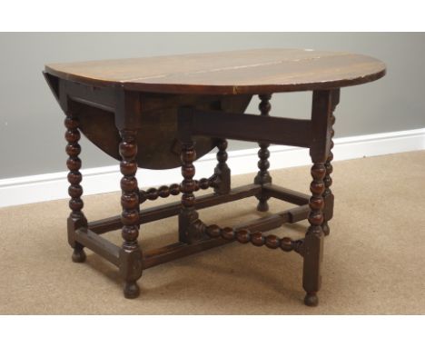 Late 17th century oak drop leaf dining table single drawer to end, on bobbin turned supports, gate leg action base, 107cm x 1