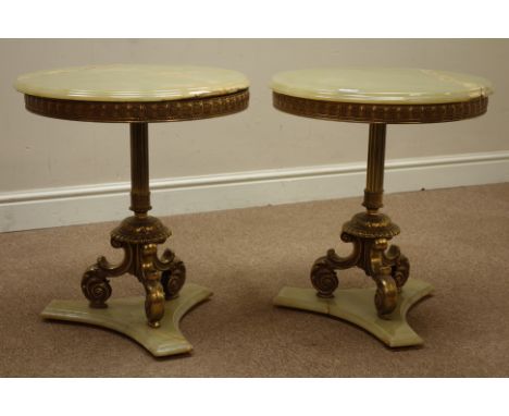 Pair circular onyx and gilt lamp tables, D51cm, H57cm   Condition Report   Click here for further images, condition, auction 