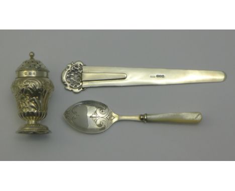 A Victorian silver pepper, a Victorian bookmark and a preserve spoon
