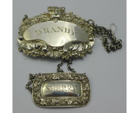 Two silver decanter labels, Sherry and Brandy