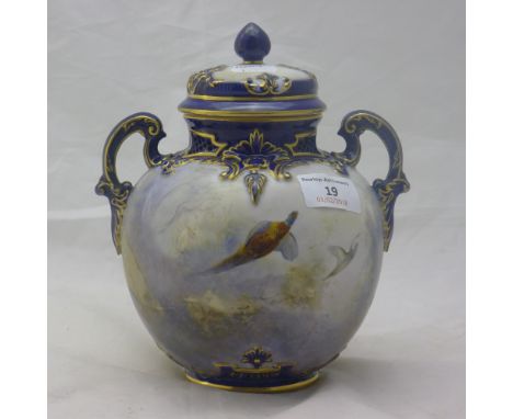 A Royal Worcester vase and cover, decorated with pheasants by James Stinton, shape 1515