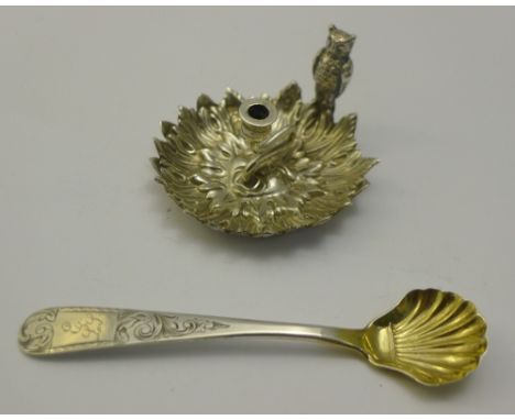 A Victorian miniature silver chamber stick and a salt spoon