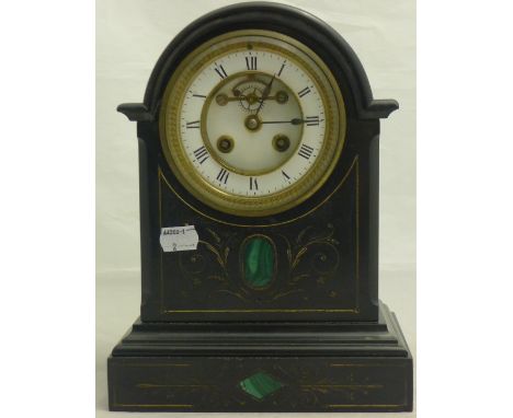 A Victorian black slate malachite inset mantle clock