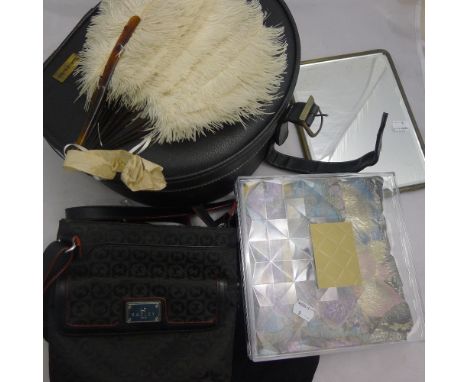 A quantity of ladies accessories, including a Radley handbag, a fan, a mirror, etc.