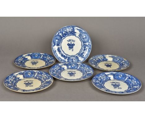 Six Victorian Bovey Tracey pottery blue and white Mess platesTypically decorated and numbered 1, 2, 4 and 10.  24.5 cm diamet