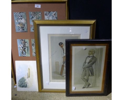 A Vanity Fair print, spy print, framed postcards and a watercolour