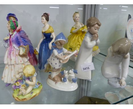 FOUR ROYAL DOULTON FIGURINES, THE LAST WALTZ, MELANIE, A VICTORIAN LADY AND CLEMENCY, TOGETHER WITH A ROYAL WORCESTER DOUGHTY