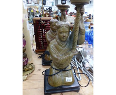 A PAIR OF ORIENTAL STYLE POTTERY KNEELING FIGURE TABLE LAMPS, TOGETHER WITH A CONTEMPORARY ALLOY FLOOR LAMP, AND A FURTHER LA